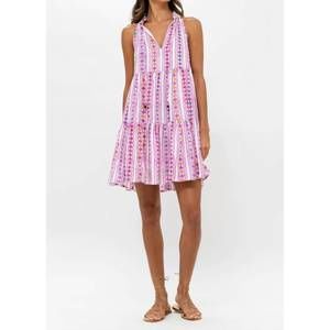 NEW OLIPHANT sleeveless tiered short dress in trapeze lilac print